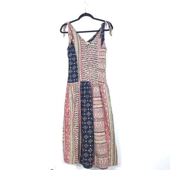 folia Dresses & Skirts - Boho Mixed Print Prairie Button Front Midi Dress